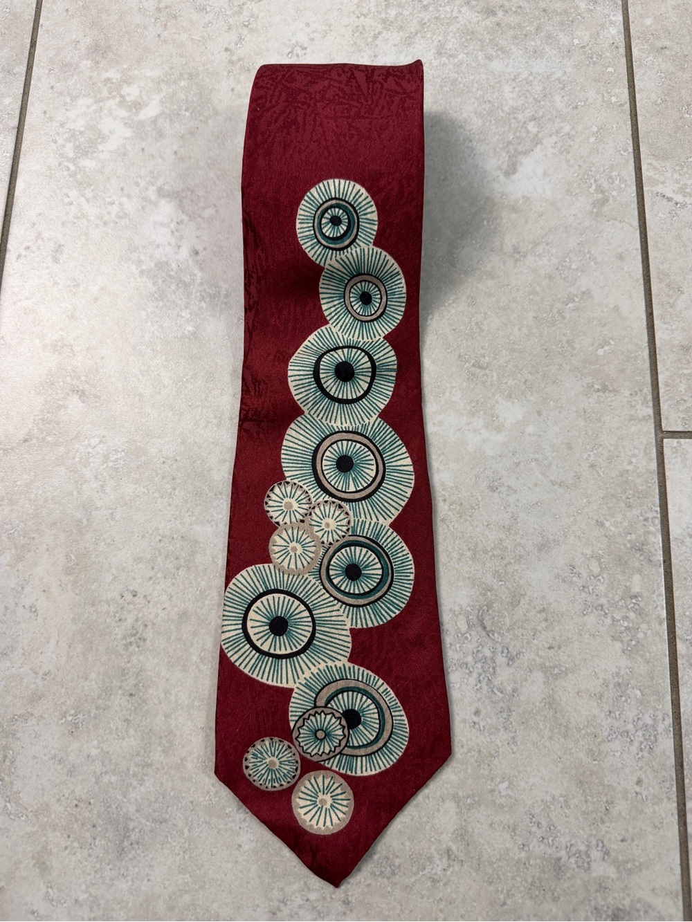Vintage All Silk Necktie Red Abstract Geometric Circle Pattern USA Made Men’s